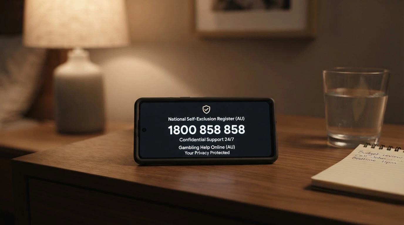 A composition showing the BetStop register logo and the 1800 858 858 helpline number on a phone screen