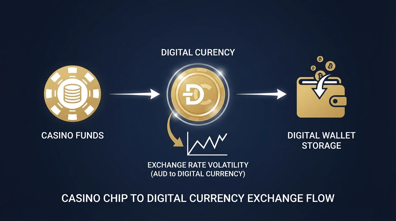 A simplified diagram showing a casino cashback rebate being paid in Bitcoin to a digital wallet, with an exchange-rate arrow showing AUD fluctuation