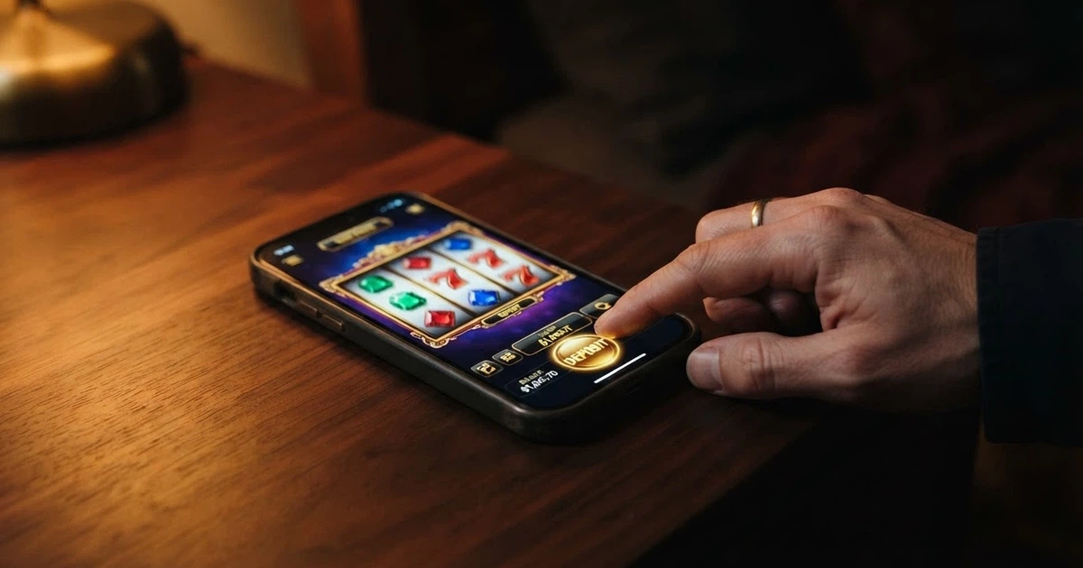 A smartphone screen displaying a row of colourful online pokies reels with a Bitcoin symbol visible on the deposit button