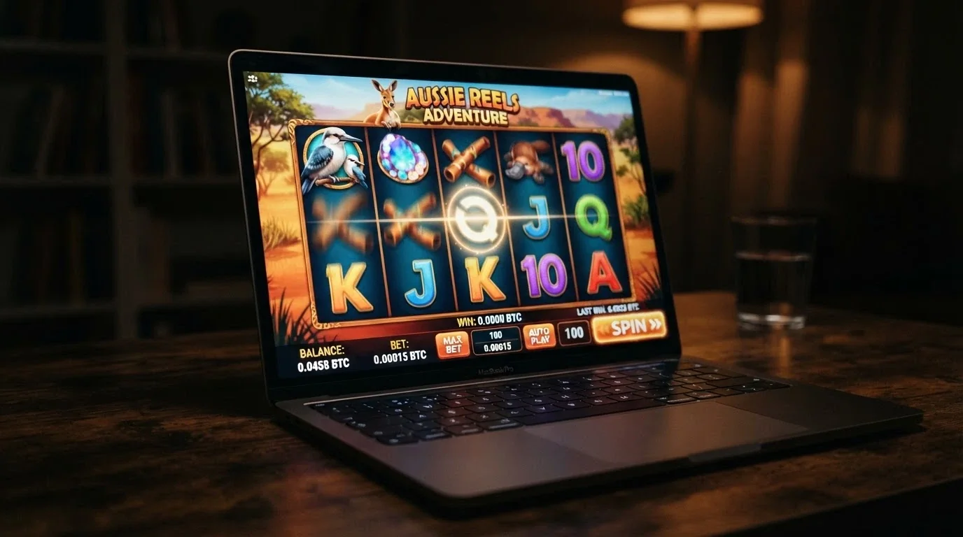 An online pokies game interface with a Bitcoin-denominated bet panel and spinning reels