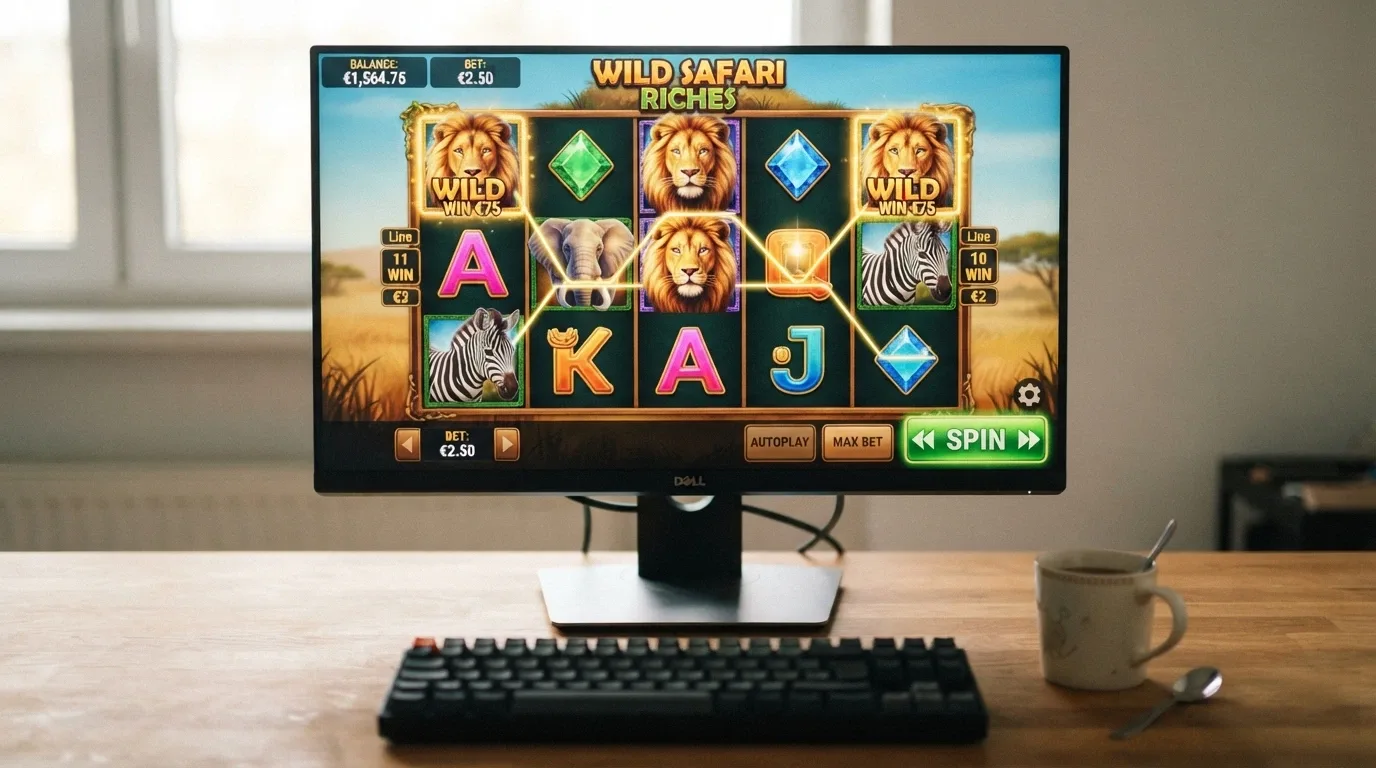A desktop browser showing a bitcoin pokies game in play with the spin button, bet-amount selector and BTC balance visible