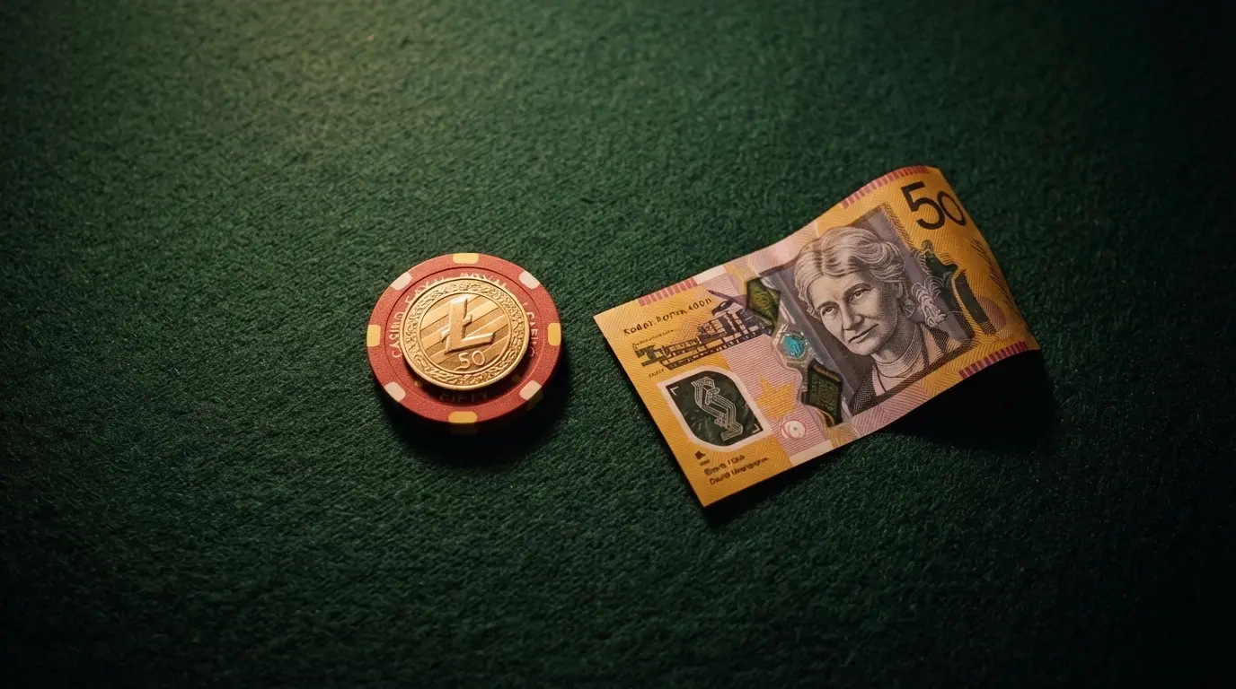 A single bitcoin resting on a poker chip beside an Australian $50 note, shot straight down on a dark felt surface