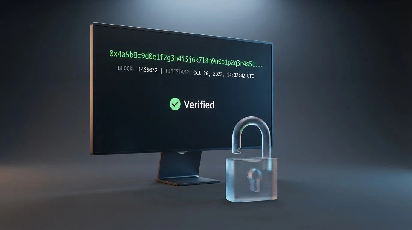 A stylised blockchain explorer screen showing a verified game round with its hash and outcome visible
