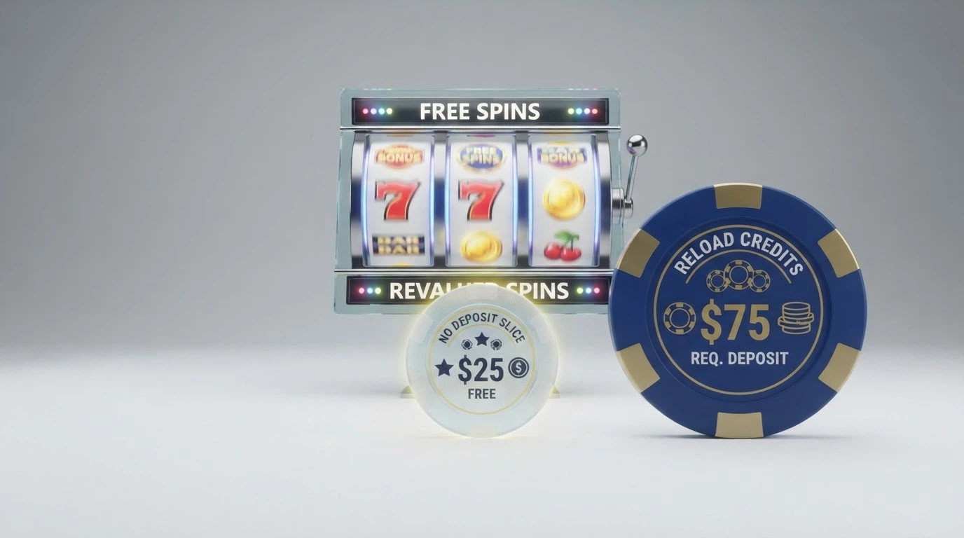 A visual breakdown showing how an advertised $200 bonus splits into a small no-deposit chip, reload credits and revalued free spins