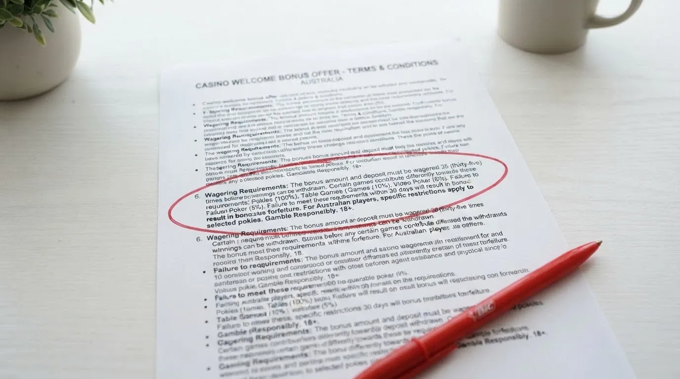 A close-up of casino bonus terms and conditions with the wagering-requirements clause circled in red