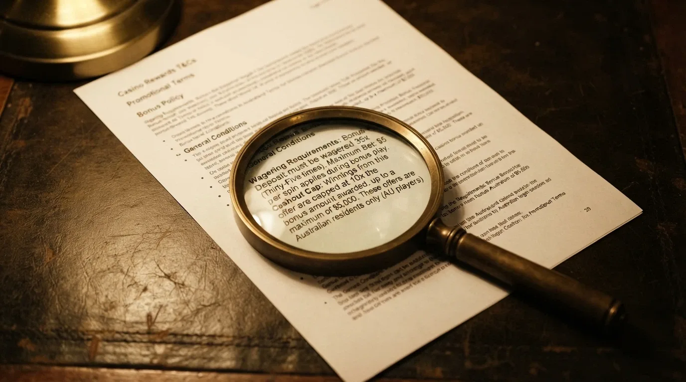 A magnifying glass held over casino bonus terms and conditions, with wagering requirements and cashout caps underlined