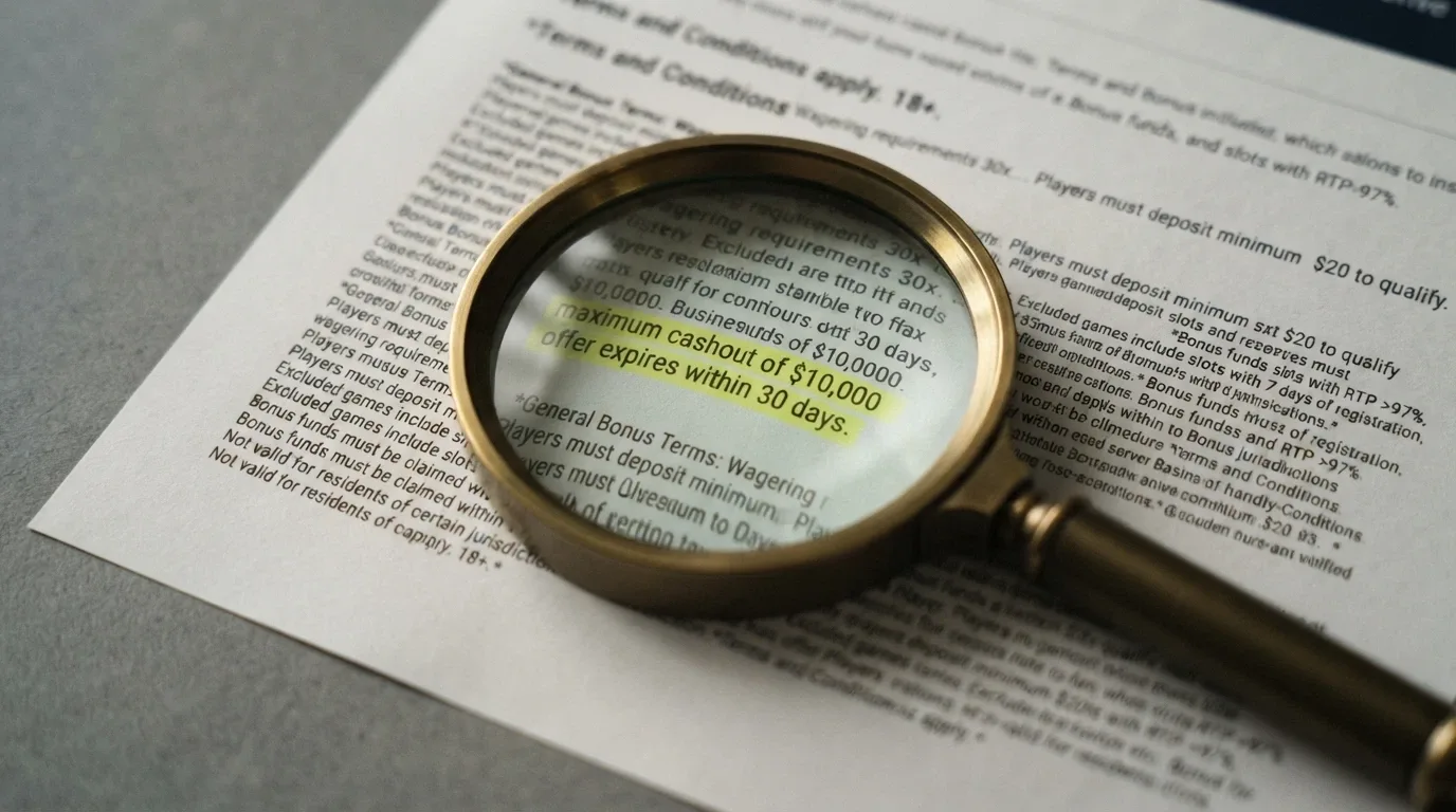 A magnifying glass held over the terms-and-conditions footer of a casino bonus page, highlighting the words maximum cashout and expiry with a yellow marker