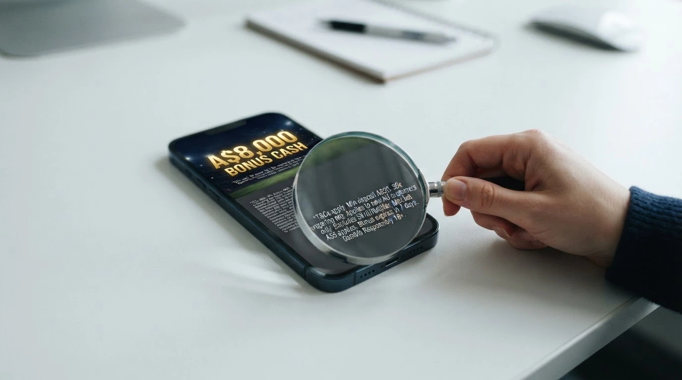A smartphone screen displaying a bold A$8,000 welcome-bonus banner, a magnifying glass held over it revealing the fine-print wagering terms and per-spin cap underneath