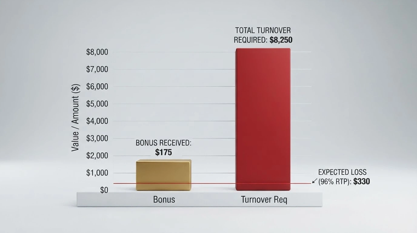 A bar chart comparing a headline bonus figure against the total turnover required to clear it, with a red line marking the expected loss at 96% RTP