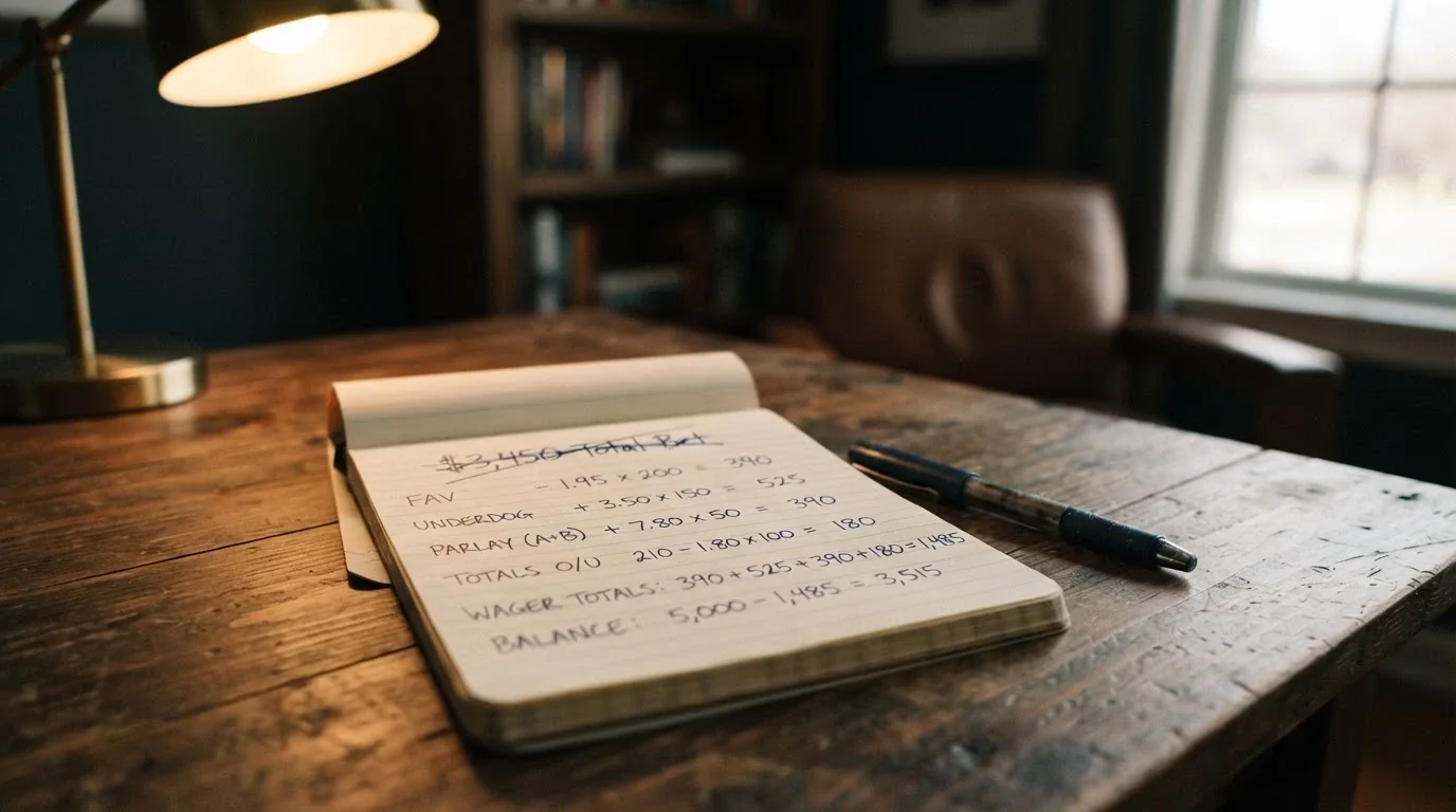 A notepad with a calculator beside it, showing wagering-requirement arithmetic and a crossed-out headline bonus figure