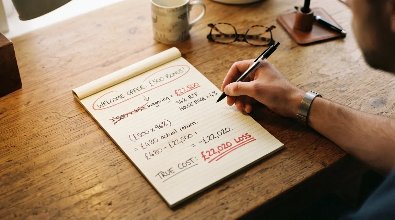 A notepad with handwritten maths breaking down a bonus — a large welcome-offer figure on one side, crossed out and reduced by wagering multiples and RTP percentages on the other