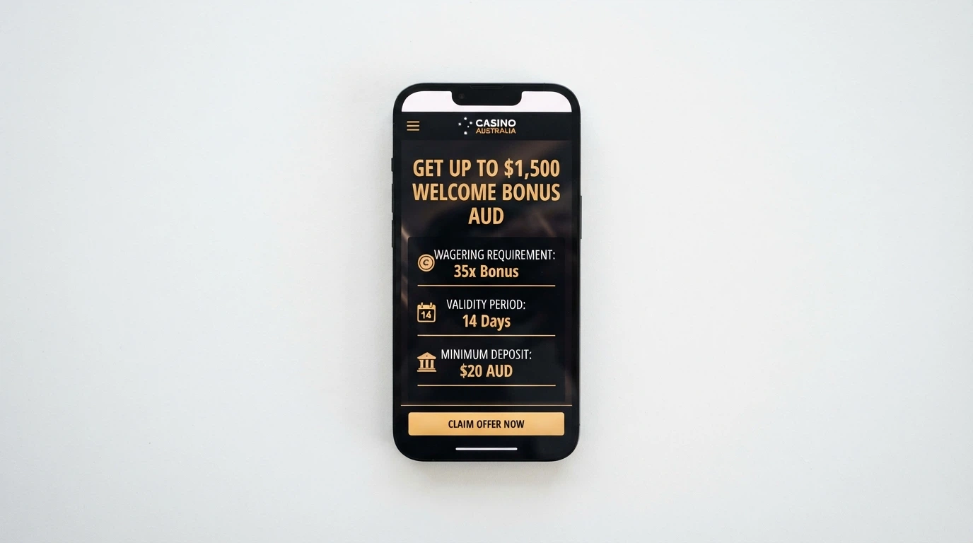 A casino promotions page on an iPhone showing a welcome bonus headline figure with the wagering terms and validity window highlighted below it