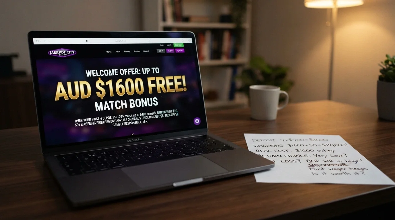 A casino promotions page with a large bonus amount displayed, overlaid with fine-print terms and a wagering-requirement notice