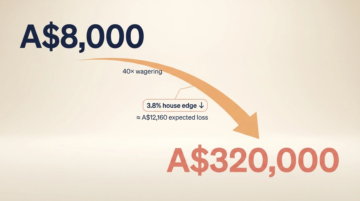 A visual breakdown of an A$8,000 welcome bonus transforming into A$320,000 in required turnover at 40x wagering