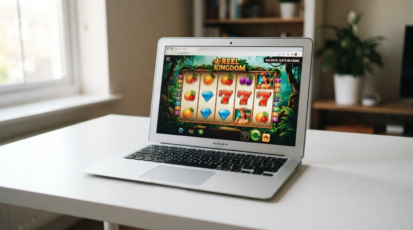 A laptop browser window open to a demo pokies game with a play-money balance displayed and no login prompt visible