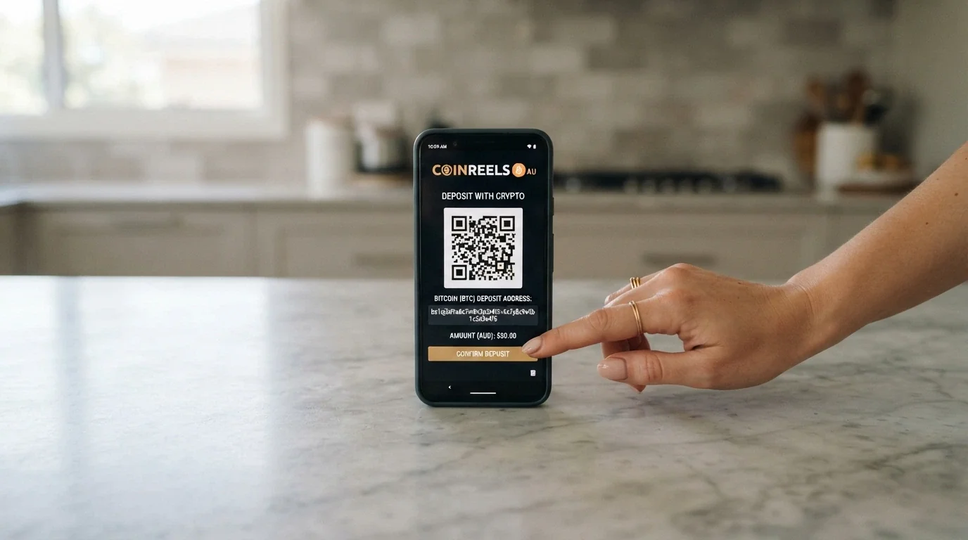 A smartphone displaying a Bitcoin wallet QR code next to a casino deposit screen with a BTC address field