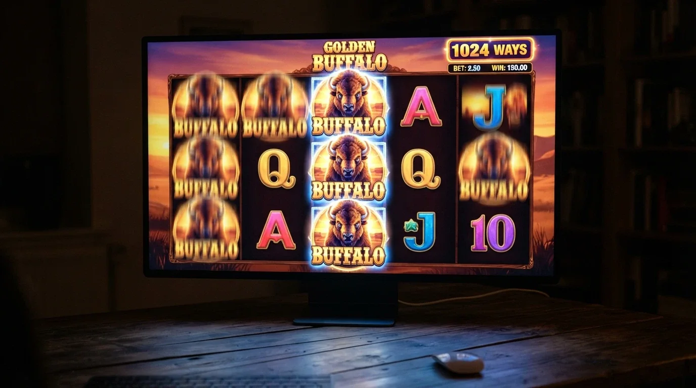 The Buffalo pokie's 5×4 grid in play, with the sunset savanna backdrop, gold buffalo symbols on the reels, and the Xtra Reel Power ways-to-win counter visible.