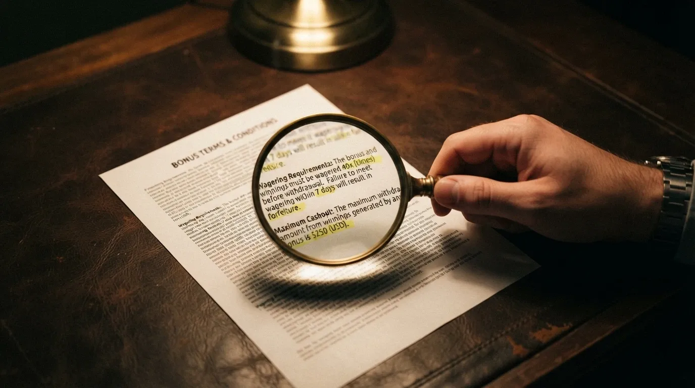 A magnifying glass held over casino bonus terms and conditions fine print, highlighting the wagering and max-cashout clauses