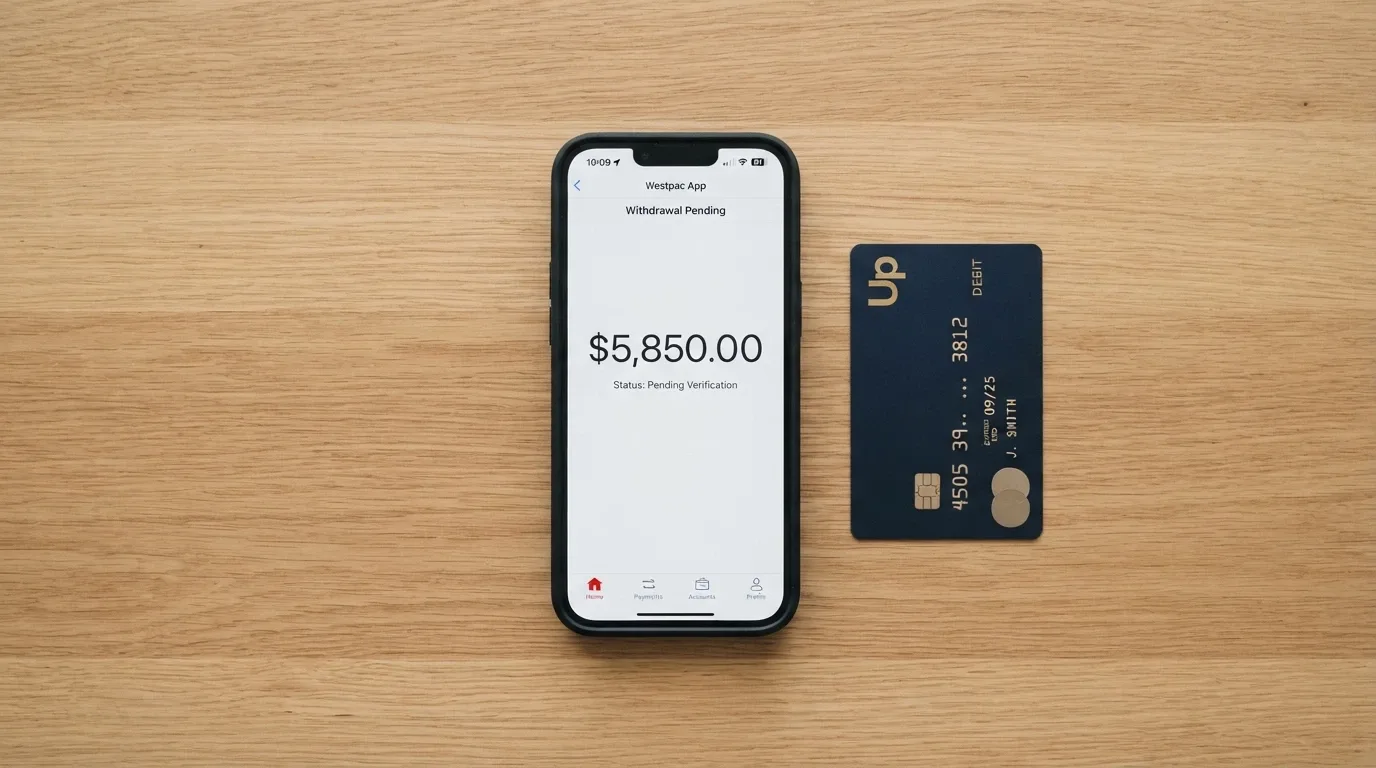 A smartphone showing a withdrawal screen with a capped amount and a pending verification notice, a Australian debit card beside the phone