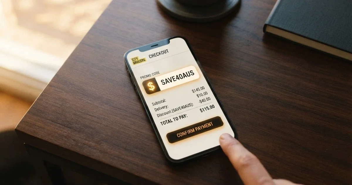 A smartphone screen showing an online casino bonus code entry field with a promo code typed into a text box, Australian dollar symbols visible on the page