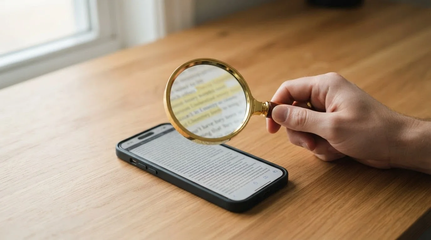 A magnifying glass held over a smartphone screen showing the terms and conditions of a casino bonus offer, with key clauses highlighted