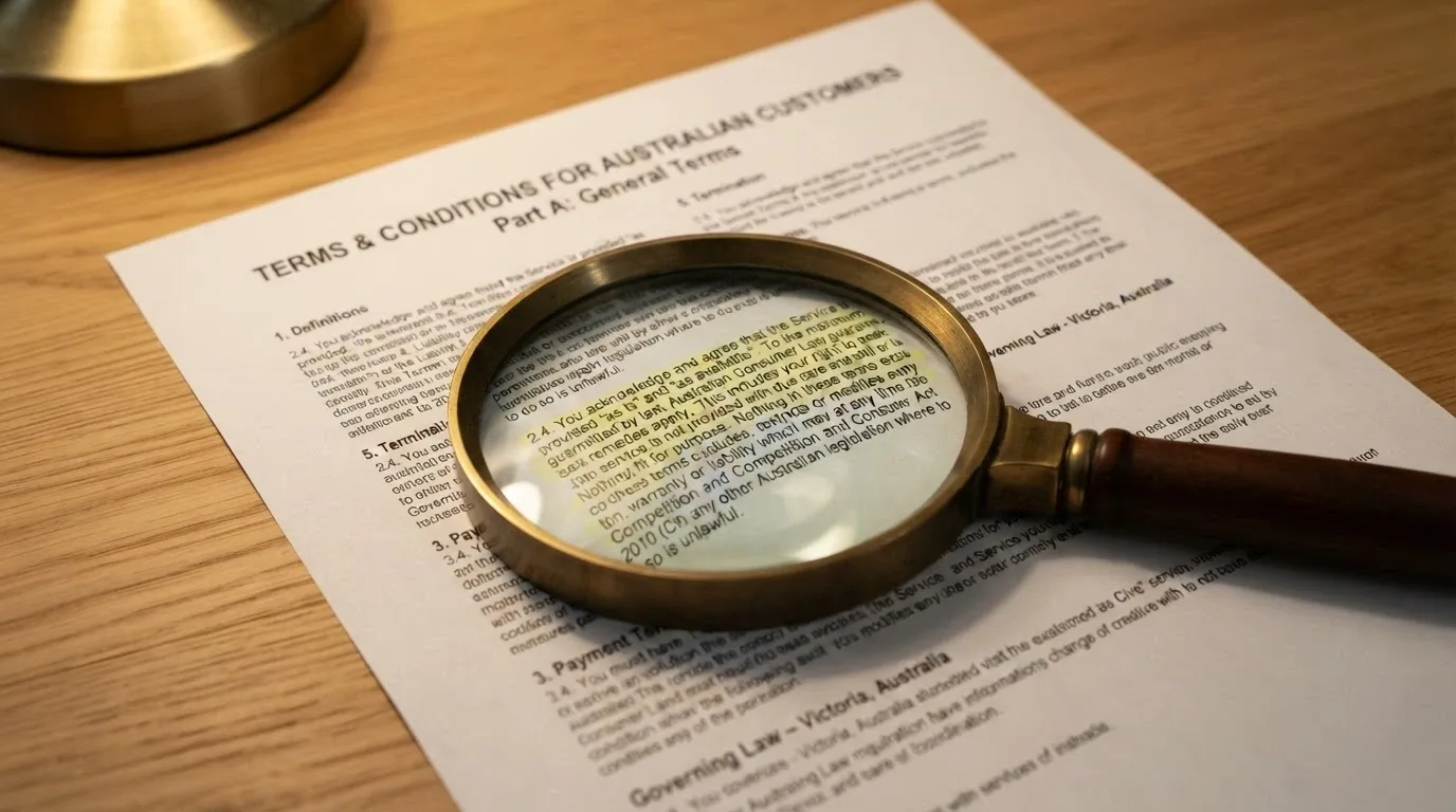 A magnifying glass resting over the terms-and-conditions block of a casino bonus page, with the wagering-requirement clause highlighted