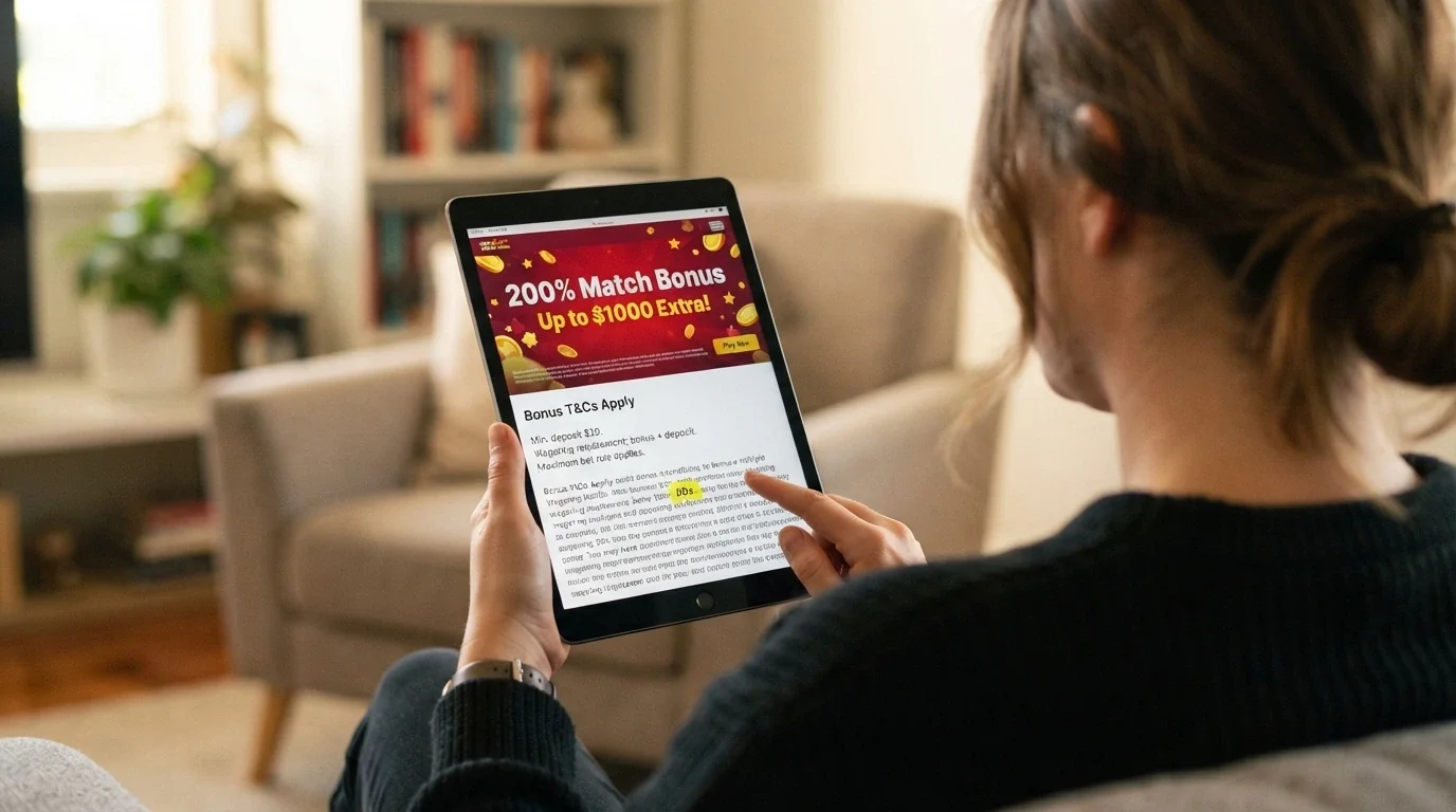 An iPad screen showing a welcome-bonus banner beside a terms-and-conditions panel with the wagering multiple highlighted