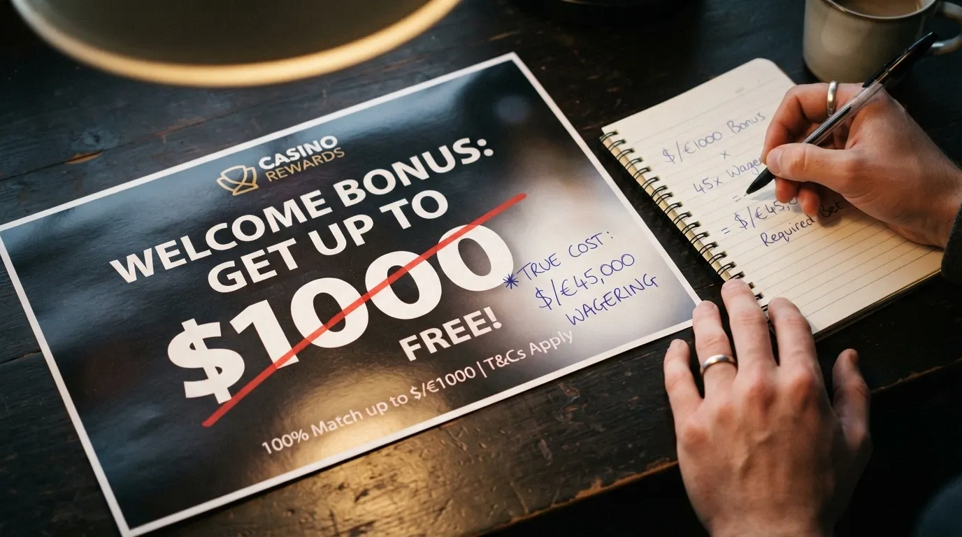 A welcome-bonus banner with its headline figure crossed out and a smaller real-cost figure written beside it, calculator-style