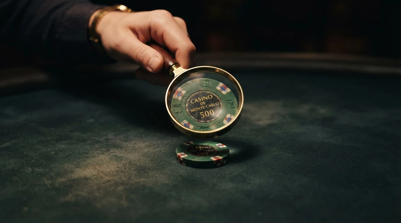 A magnifying glass held over a bold casino-bonus banner, revealing the fine-print wagering terms and conditions beneath