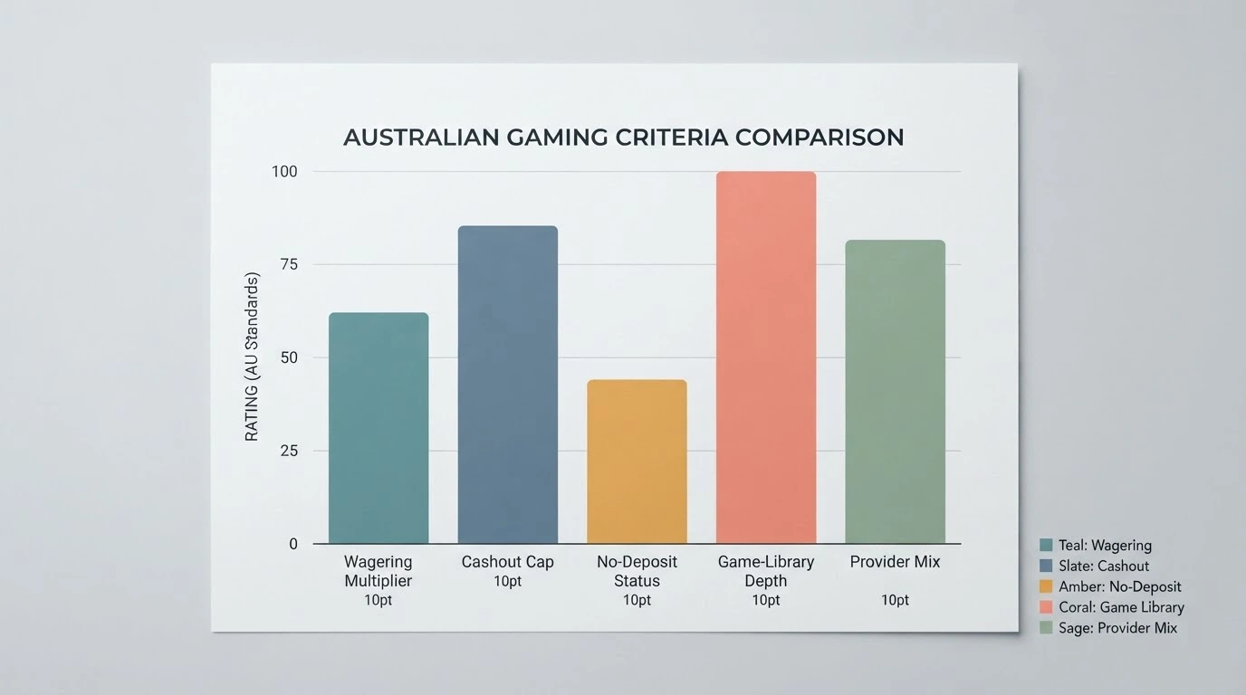 A graphic comparison layout showing operator names beside key metrics — wagering multiplier, cashout cap, free-spin count