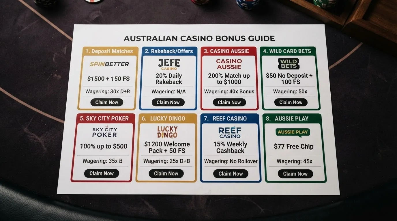 A side-by-side grid view of casino bonus cards showing different welcome offer amounts and wagering terms
