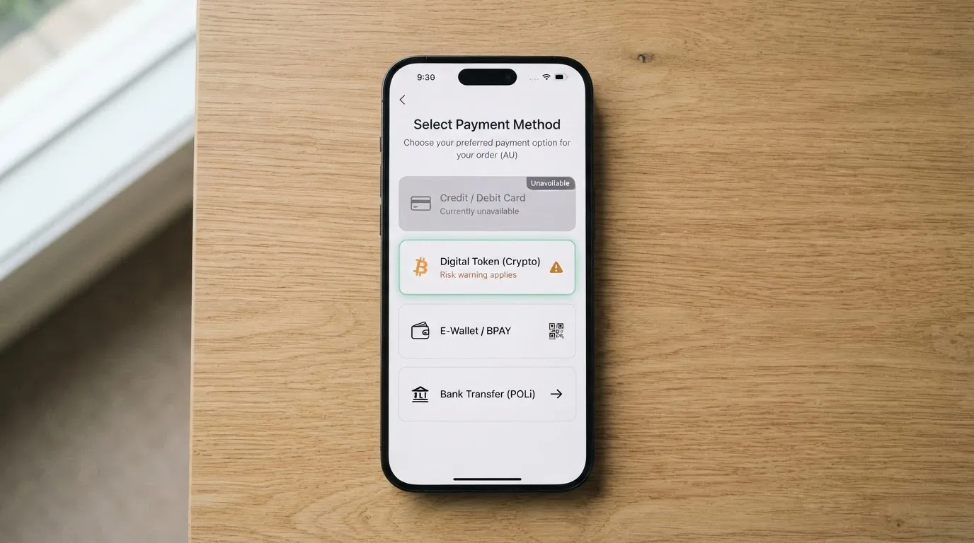 A payment-method selection screen at an online casino checkout, with a credit-card icon greyed out and a crypto option highlighted, a warning symbol beside it