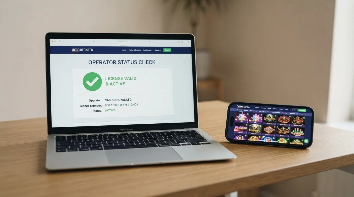 A Curaçao gaming licence certificate displayed on a laptop screen with a smartphone next to it showing a casino lobby