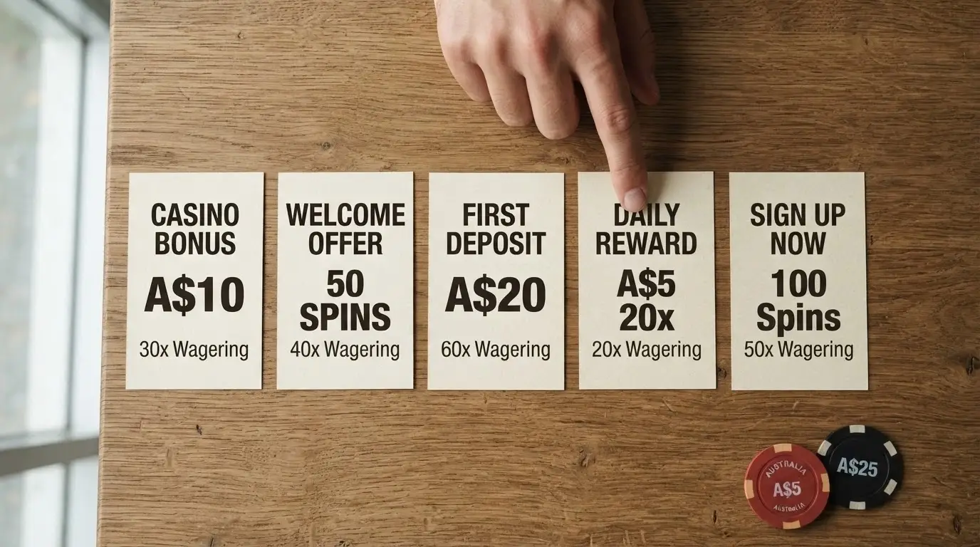 Side-by-side comparison of casino offer cards with different bonus values and wagering figures