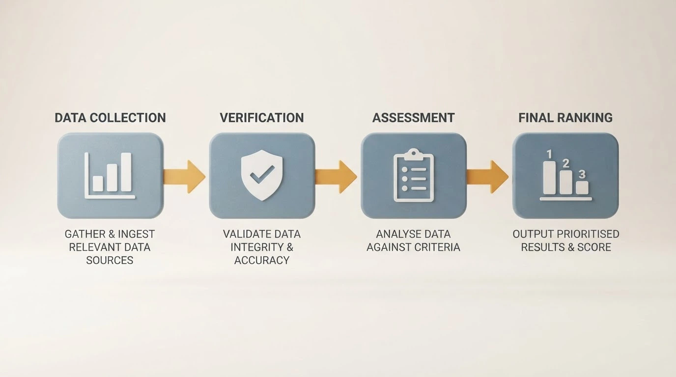 A clean flowchart showing the evaluation process: market-share data → ACMA licence check → bonus-term criteria → ranking output