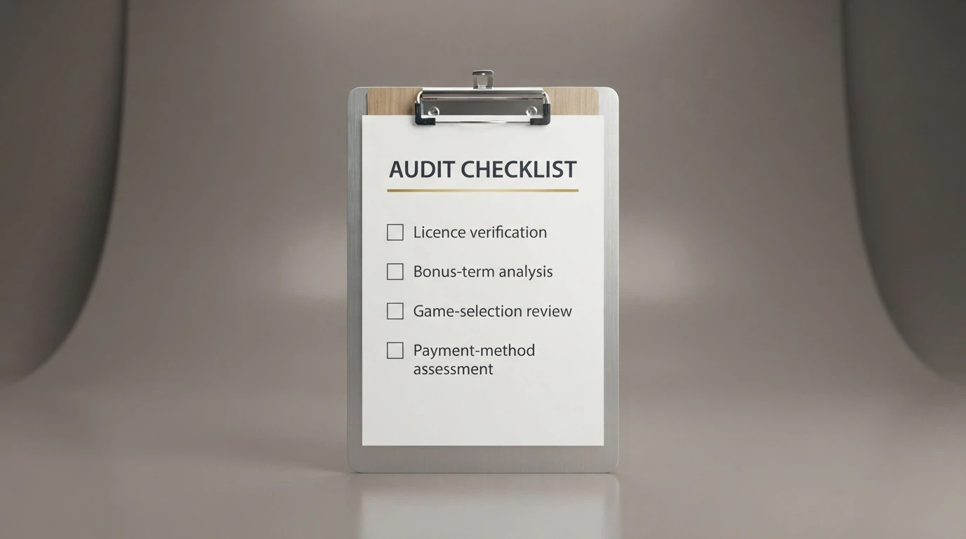 A checklist of evaluation criteria including licence verification, bonus-term analysis, game-selection review and payment-method assessment