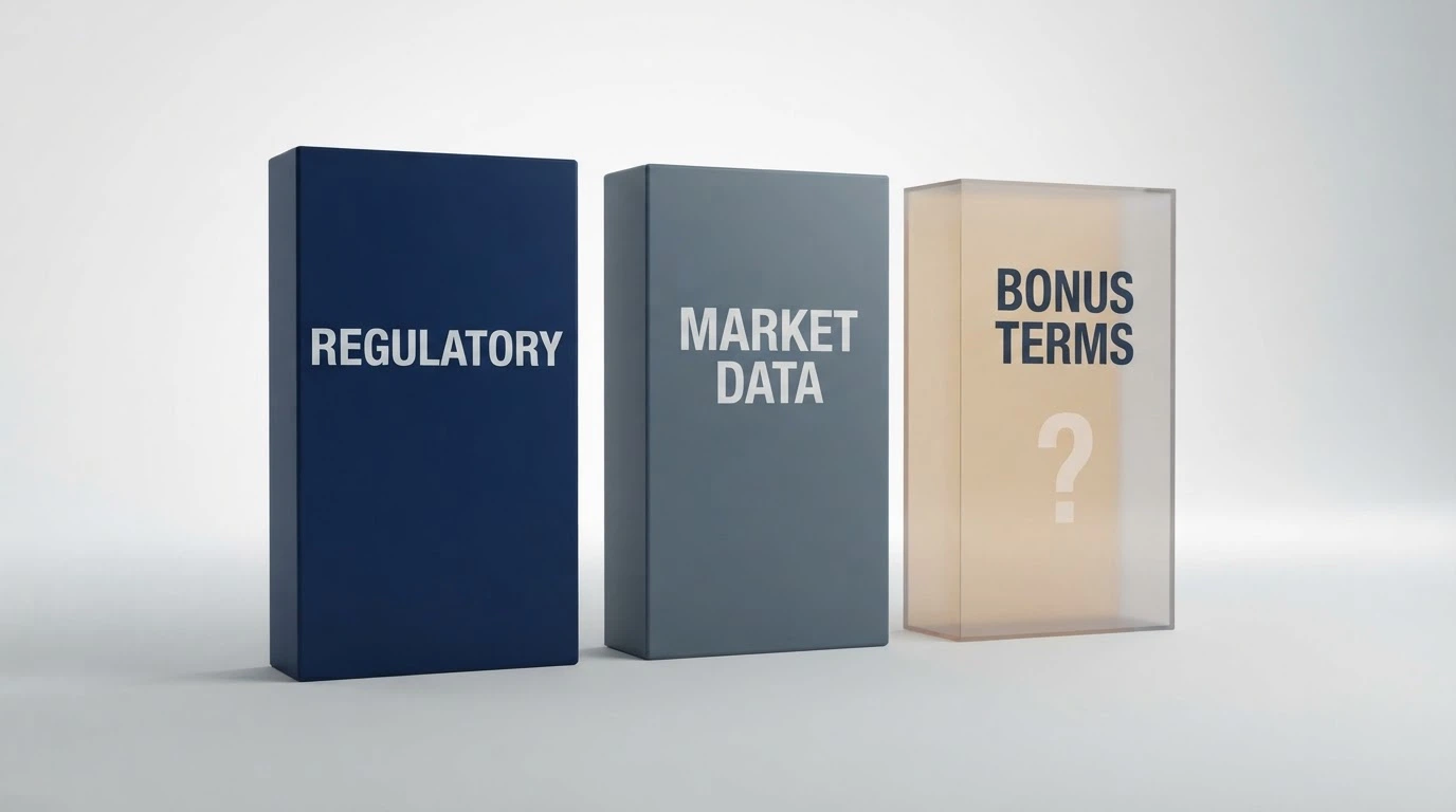 A research-process diagram showing three pillars — regulatory status check, market-presence assessment, bonus-terms verification — with the third pillar marked as incomplete for this assessment