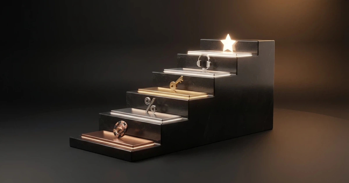A tiered VIP loyalty ladder showing five ascending levels from Bronze through Diamond with rewards icons beside each rung