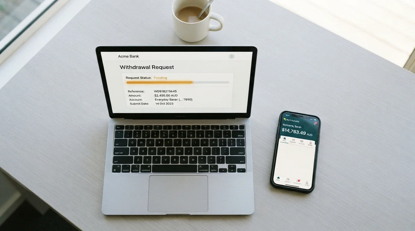 A laptop screen showing a casino withdrawal request form with a pending status indicator, beside a smartphone displaying an Australian bank app