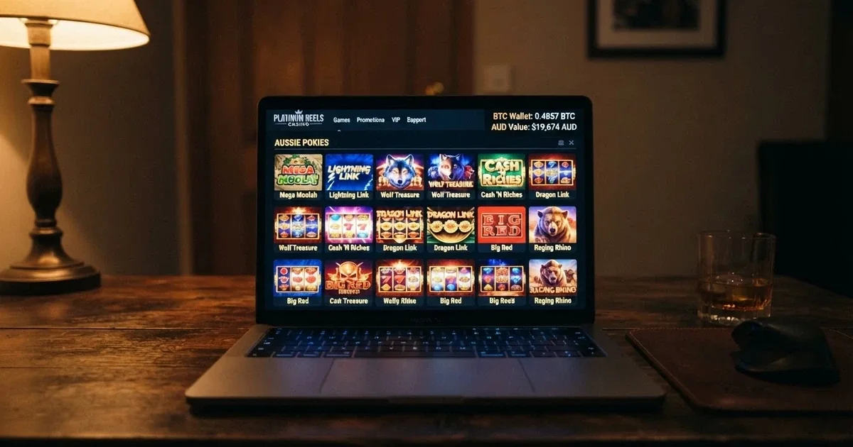 A laptop screen showing a Bitcoin wallet balance and an offshore casino lobby with pokies thumbnails