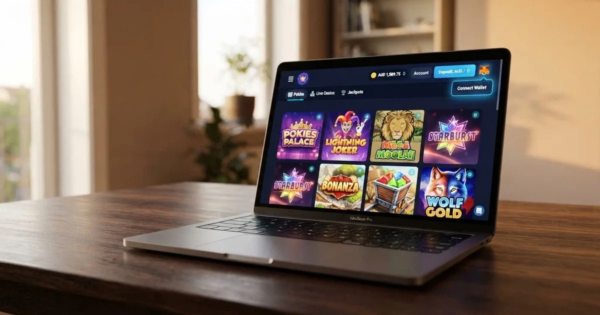 A laptop screen showing an offshore casino lobby with an Ethereum logo and cryptocurrency deposit options, Australian dollar amounts visible on the game tiles