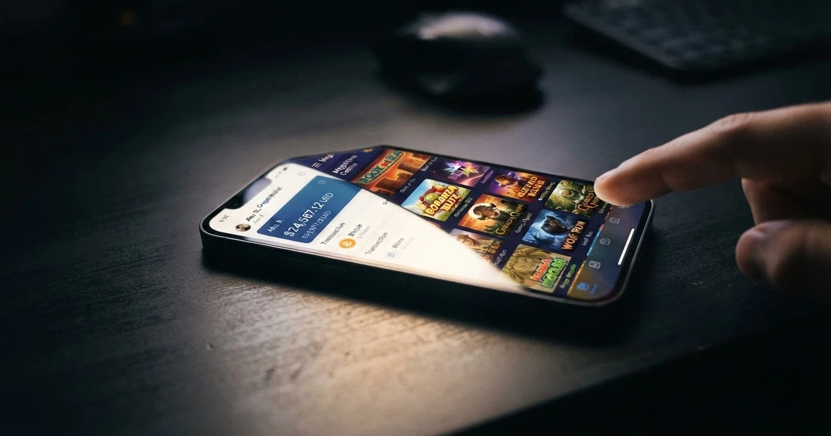 A smartphone screen displaying a Litecoin wallet balance next to an online casino game lobby with pokies thumbnails, set against a dark background with the Litecoin logo visible