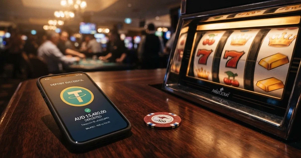 A smartphone screen showing a Tether USDT deposit confirmation page beside casino pokies reels, Australian dollar symbols visible