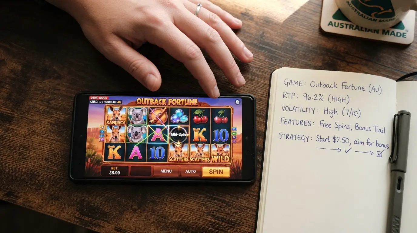 A player's hand hovering over a smartphone displaying a 7-reel pokie in demo mode, a notebook beside it with RTP and volatility figures jotted down