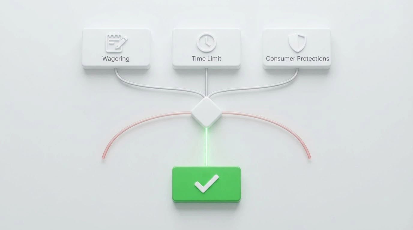 A decision-flow diagram with three branches — check the wagering, check the clock, check the protections — leading to a single green path