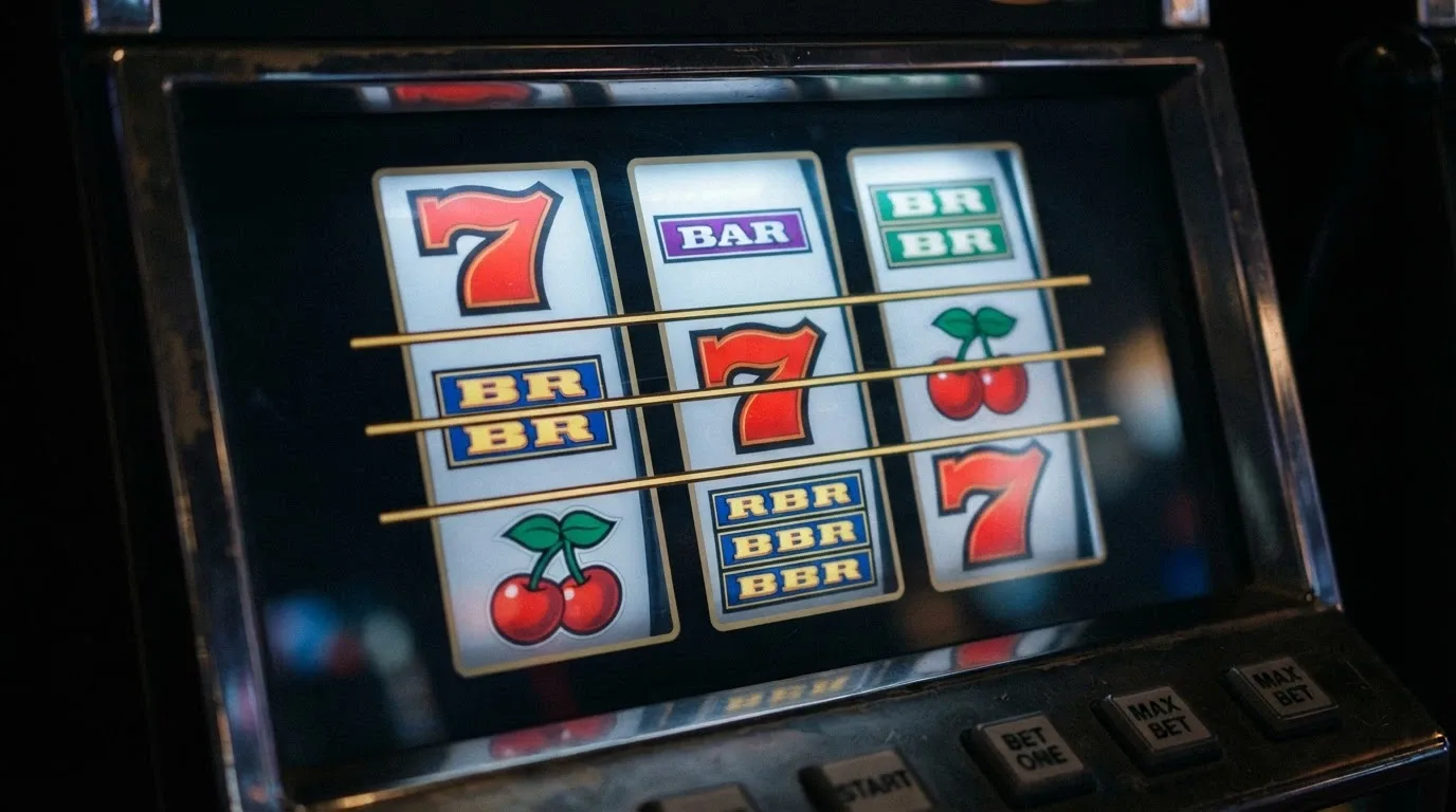 Close-up of a 3-reel pokie screen showing three vertical reels with five paylines marked horizontally across them