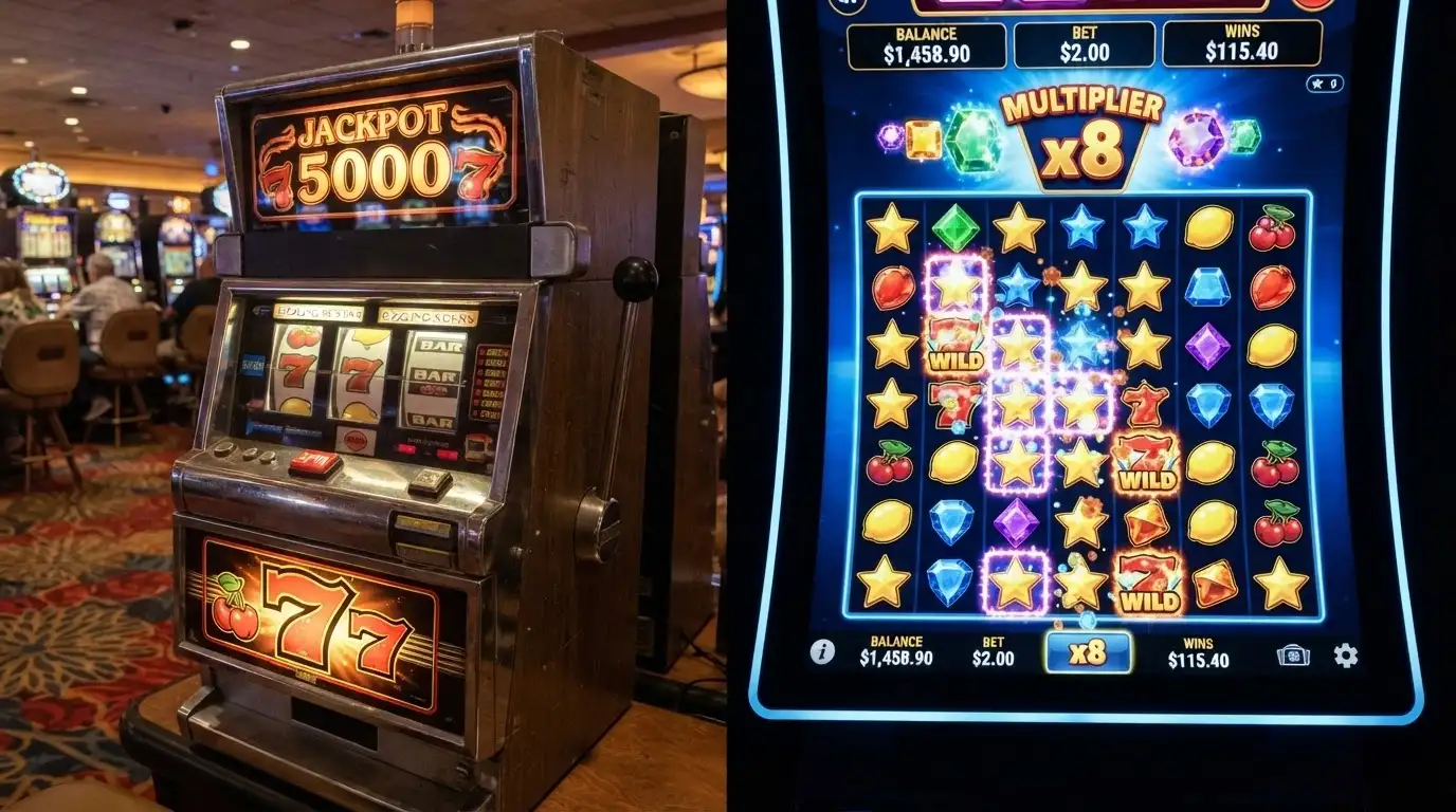 A split image: left side a traditional 7-reel fruit-machine cabinet with mechanical reels, right side a modern online 7×7 grid slot with animated cascading symbols