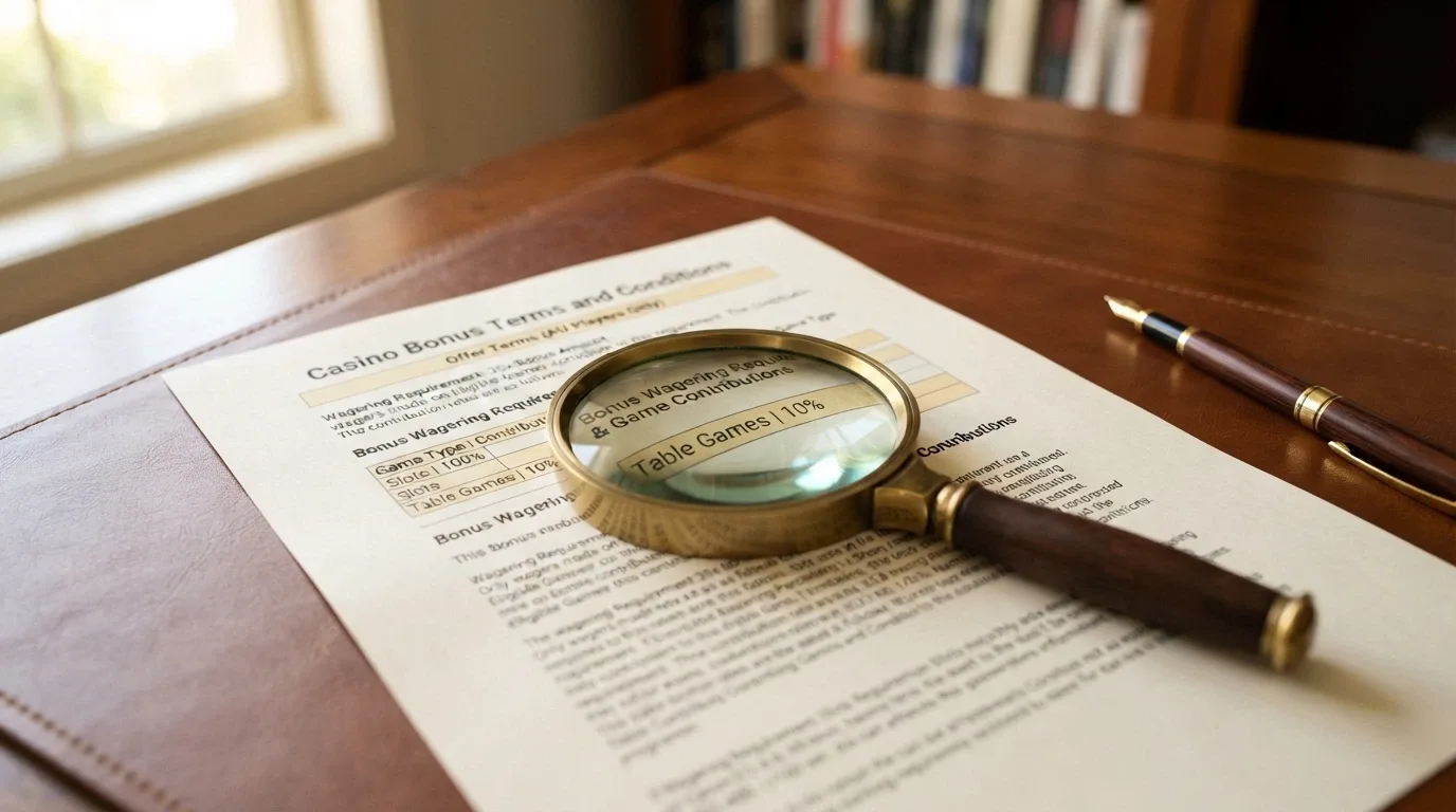 A close-up of casino bonus terms and conditions with a magnifying glass highlighting the game contribution percentage for table games
