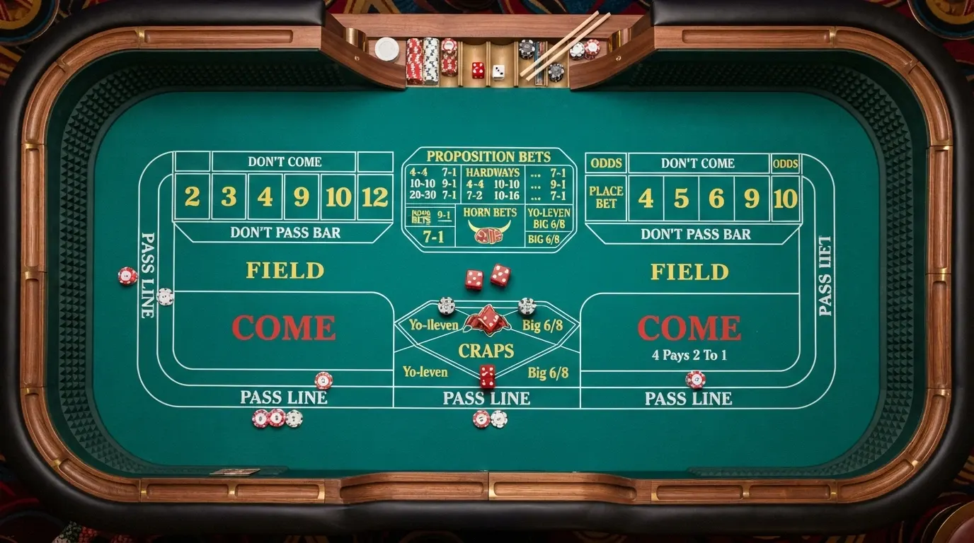 An overhead view of a craps table layout with labelled betting zones including pass line, don't pass, come, and field bets