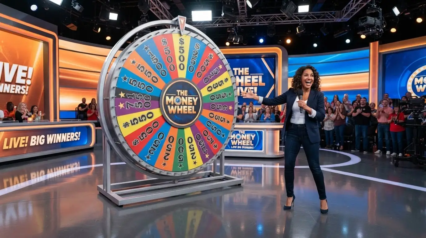 The Crazy Time money wheel in a brightly lit Evolution studio with its colourful segments, a live host standing beside it gesturing toward the wheel